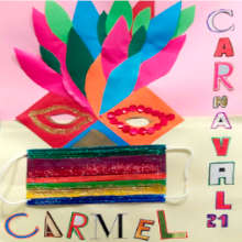 cartell carnaval fet per la fundació tres turons. Collage d'una mascara i una mascareta