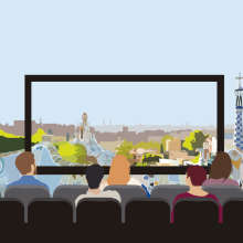 il·lustració d'un public mirant una pantalla de cinema amb Barcelona i el parc güell de fons
